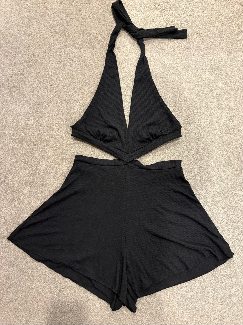 Lulu's Black Ribbed Halter Tie-Neck Romper
